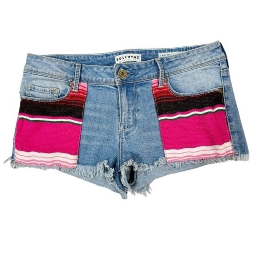 Bullhead Festival Frayed Boho Western Patchwork Fringe Blue Denim Jean Shorts 9